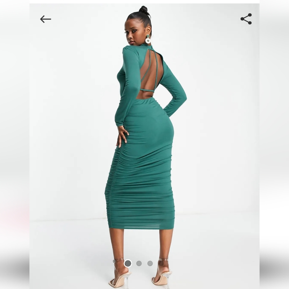 ASOS DESIGN minimal back long sleeve ruched midi dress in forest green